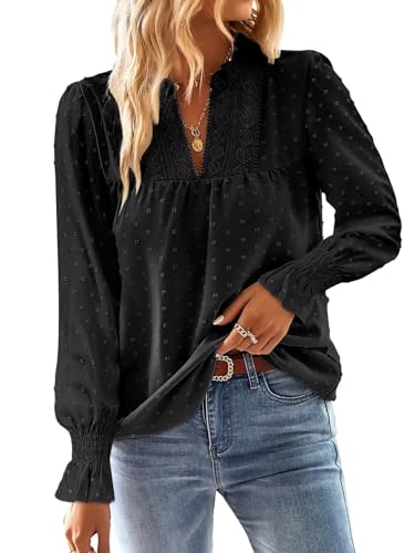 TUUHAW Shirt Langarm Damen Boho Herbst Bluse Fließend Tunika Elegant V-Ausschnitt Longsleeve Top Oberteile Lässig Outfits Spitze Kleidung Frühling Winter Schwarz L