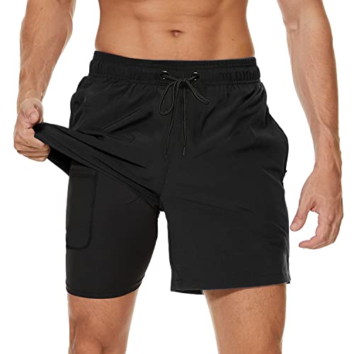 Arcweg Badehose für Herren mit Kompression Liner 2 in 1 Atmungsaktiv Badeshorts Männer Elastisch Trainingsshorts Verstellbar Tunnelzug mit Reißverschlusstaschen Schwarz XL (EU)