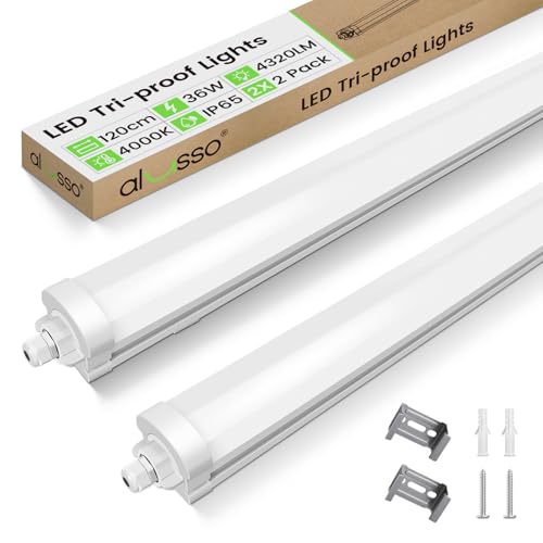 ALUSSO 2 Stück LED Feuchtraumleuchte 120CM, 36W 4320LM LED Röhre 4000K, IP65 Wasserfest Feuchtraumlampe Werkstatt Deckenleuchte für Garage,Keller,Werkstatt,Feuchtraum,Bad,Büro,Warenhaus