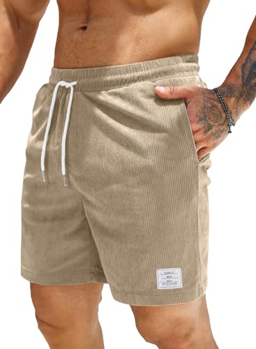 JMIERR Herren Corduroy Short 2024 Sommer Leinen Stretch Baumwolle Kurze Hose mit Taschen Beige XL