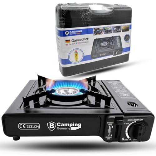 Gaskocher - mobiler Campingkocher mit Piezozündung 1-flammig, tragbarer Kocher Gasherd, Gas Kocher Kartuschenkocher 1-flammig für Camping, Outdoor, Stromausfall, Reisen mit Tragekoffer (Nur Gaskocher)