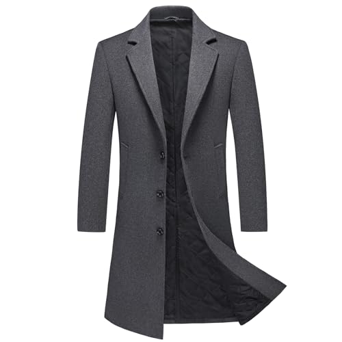 MODFUL Herren Langer Wollmantel mit Kerbkragen Warmer Wintermantel Lässiger Peacoat Slim Fit (Grau, XL)