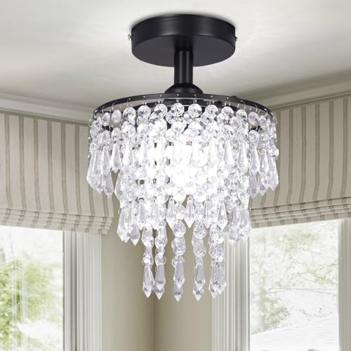 FRIXCHUR Mini Größe Kristall Kronleuchter Moderne Unterputz Deckenleuchte 3-Stufen Regentropfen Kristall Anhänger Beleuchtung Dekoration für Schlafzimmer Flur Wohnzimmer, E27 Basis, Black