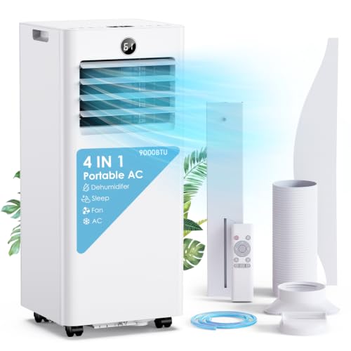 Klimaanlage Mobil 9000 BTU, Mobiles Klimagerät mit Abluftschlauch, Kühl-/Ventilations-/ Entfeuchtungs-/Schlafmodus 4-in-1, Digitalanzeige & Fernbedienung, 24H Timer, 360° Rollen, Inklusive Fensterset