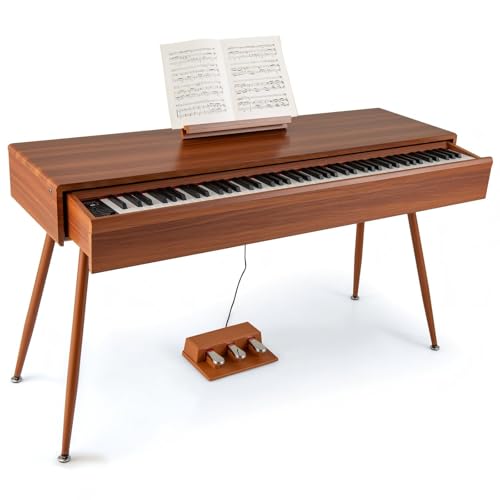 KOMFOTTEU Digitales Piano mit 88 Tasten, elektronische Klaviere mit 800 Sounds & 600 Rhythmen, schwere Tasten, E-Piano mit Notenständer & 3 Pedalen, Doppeltastenmodus, Braun