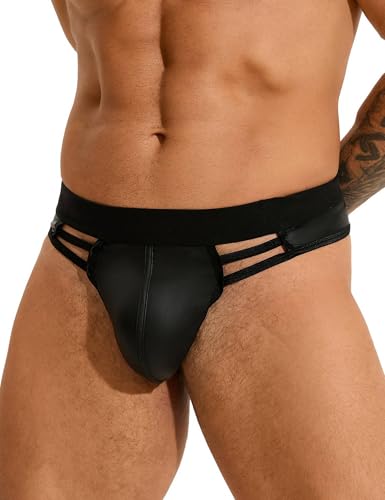 comeondear String Tanga Männer Schwarz PU Leder Sexy Unterwäsche für Mann Große Größen Erotische Unterhosen Herren Mini Slips Sissy Höschen Dessous Reizwäsche Gay Underwear Briefs Schwarz, L