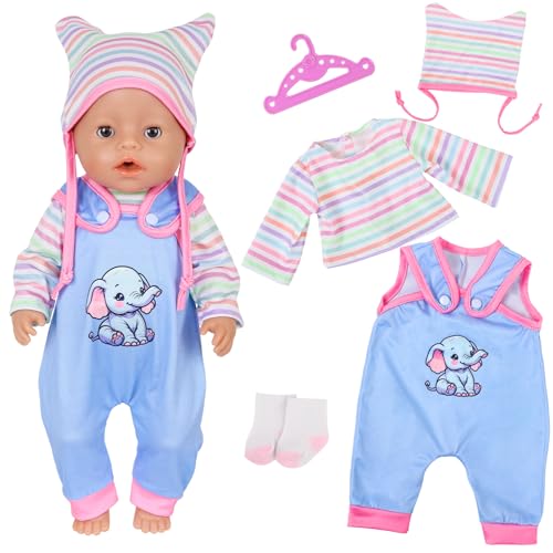 5 Stück Kleidung Outfits für 14-18 Zoll Baby Puppen, Puppenkleidung Kompatibel mit 30-43cm New Born Baby Puppen 1 Elefanten Strampler 1 Oberteil 1 Mütze 1 Kleiderbügel 1 Socken Geburtstagsgeschenk