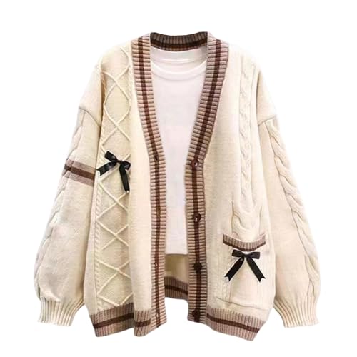 FindThy Damen Kawaii JK Schuluniform Strickjacken Langarm Knopfleiste Cardigan mit Pinned Bowknot, Khaki, Einheitsgröße