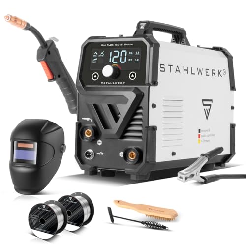 STAHLWERK Schweißgerät Mini FLUX 120 ST Digital – Vollausstattung – Fülldrahtschweißen ohne Schutzgas bis 120 A, kompakt, synergischer Drahtvorschub, mit LED-Licht, Lift-TIG- und MMA/ARC-Funktion