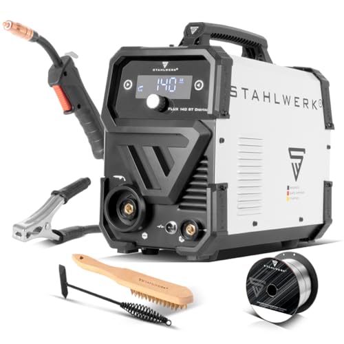 STAHLWERK Schweißgerät Mini FLUX 140 ST Digital – Fülldrahtschweißen (FLUX) ohne Schutzgas bis 140 A, kompakt, synergischer Drahtvorschub, integriertes LED-Licht, Lift-TIG- und MMA/ARC-Funktion
