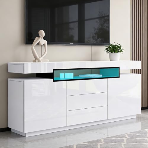 BESTWANTED Modernes Weiß Glanz Sideboard, LED Sideboard Aufbewahrungsschrank, 160 x 35 x 72 cm, Wohnzimmer, 2 Türen, 3 Schubladen, TV-Einheit