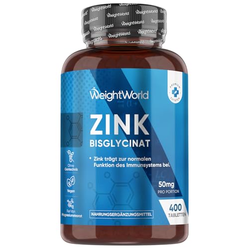 Zink Tabletten - 400 vegane Tabletten - 1+ Jahr Vorrat - Zinc trägt zur Aufrechterhaltung eines normalen Testosteronspiegels im Blut bei(EFSA) - Zink Bisglycinat - Alternative zu Tropfen - WeightWorld