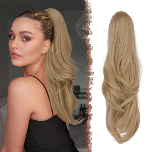 FESHFEN Zopf Pferdeschwanz mit Kordelzug, Natürlich Wellig Layered Haarteil Synthetik Blond und Aschblond Gemischt Haarverlängerung Clip in Ponytail Haarextension Haarzopf für Damen, 50cm