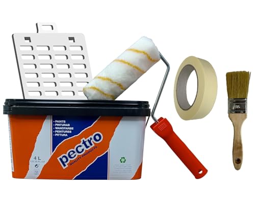PECTRO Set Wandfarbe weiß 6,6kg (4L) Rolle, Pinsel, Gitter und Kreppband | Kit innen und aussenfarbe - matt gute Deckkraft für Wand und Decke - farbe weiss innen/außen