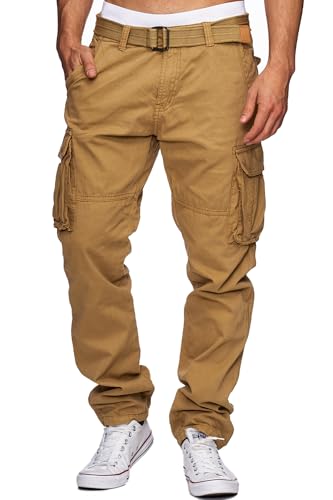 Indicode Herren William Cargohose aus Baumwolle m. 7 Taschen inkl. Gürtel | Outdoorhose Amber, L