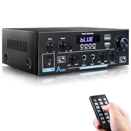 AK55 HiFi Verstärker mit Bluetooth 5.0,Max 600W,Mini Verstärker HiFi Stereo,2 Kanal Audio Verstärker Receiver w/UKW-Radio,Opt,RCA,AUX,USB-Karteneingang, für Zuhause, Studio