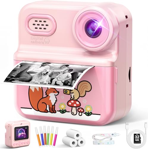 Kotopa Kinderkamera Sofortbildkamera, 1080P HD 2,4 Zoll Doppellinsen Sofortbildkamera Kinder mit 32GB Karte und 3 Rollen Druckpapier Kinderspielzeug Geschenke für Jungen Mädchen 3-12 Jahren(1 Packung)