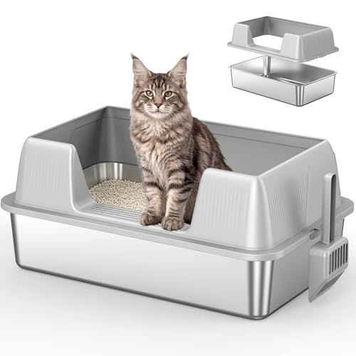 Extra große Edelstahl-Katzenklos, XL offene Katzentoilette mit hohem Rand für große Katzen, antihaftbeschichtete Tiefe Wanne, geruchsfrei & Kratzfest, Hellgrau