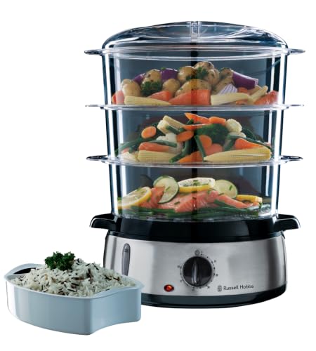 Russell Hobbs Dampfgarer [normale Größe] 9,0l (60 Minuten Timer + Abschaltautomatik, 3 spülmaschinengeeignete Dampfgarbehälter + Reisschale/Reiskocher + 6 Eierhalter/Eierkocher, BPA-frei) 19270-56