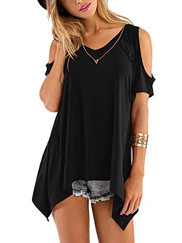 Beluring Tops Damen Sommer T Shirt Oberteil Tops Bluse mit V Ausschnitte, A-aschwarz, 42-44 (Herstellergröße: L)