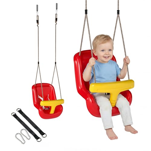 AIYAPLAY Babyschaukel verstellbar Mitwachsend Babysitz Schaukelsitz mit Rückenlehne und Sicherheitsgeländer für Kinder von 9-36 Monaten, Outdoor & Indoor, Rot
