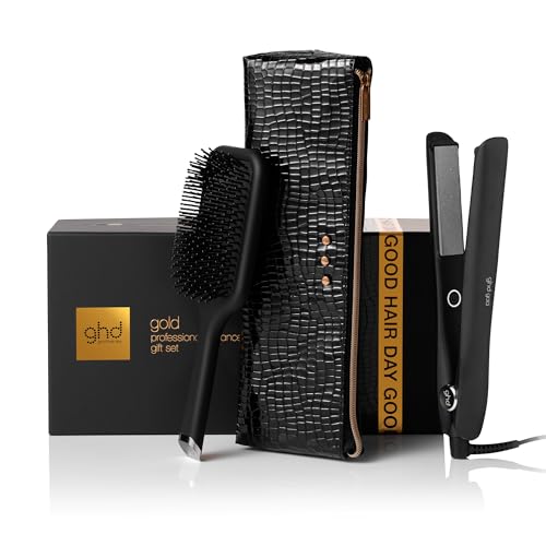ghd gold Geschenkset: Glätteisen inkl. ghd Bürste und exklusive Hitzeschutztasche, 26mm Platten, für sleekes, glattes Haar mit mehr Glanz – Profi-Ergebnisse ohne extreme Hitzebelastung; Schwarz