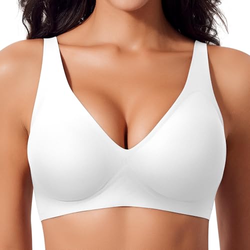 Damen BH Tiefem V-Ausschnitt Nahtloser BH Ohne Bügel Push Up BHs Bralette Soft Bequem BHs Bügellos Bustier (Weiß, L)