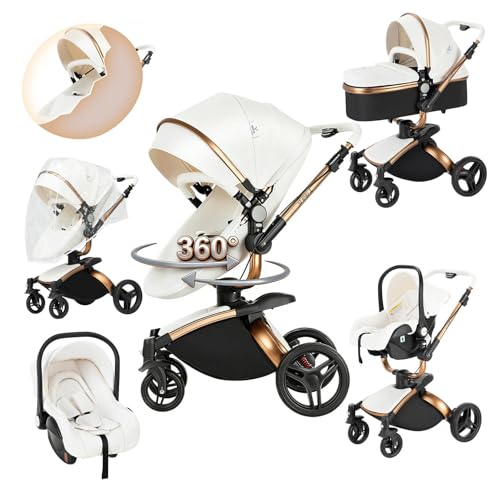 Magic ZC 360° Drehbarer PU-Leder Kinderwagen 3 in 1, Kombikinderwagen 3 in 1 Komplettset mit Umkehrbarem Zwei-Wege-Schub, Buggy mit Zubehör, Faltbarem Tragbarem One-Click-Design (906 White)