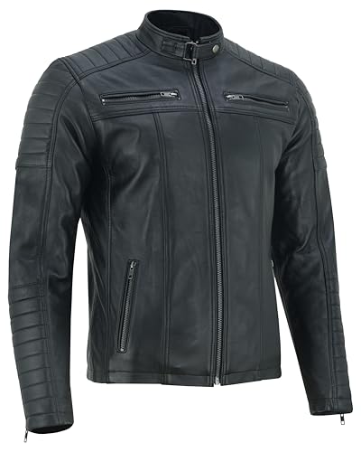 Vance The Leather Company Herren Echtleder Bikerjacke aus 100% Lammleder (as3, alpha, L, regular, regular, Schwarz)