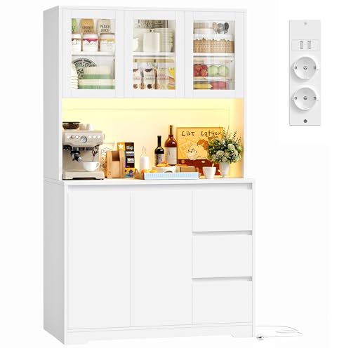 FirFurd 180 cm Küchenschrank Buffetschrank mit LED & Steckdosenleiste Vorratsschrank mit verstellbaren Einlegeböden Küchenschrank mit Arbeitsplatte Sideboard für Küche, Esszimmer 180x100x38,5 cm Weiß