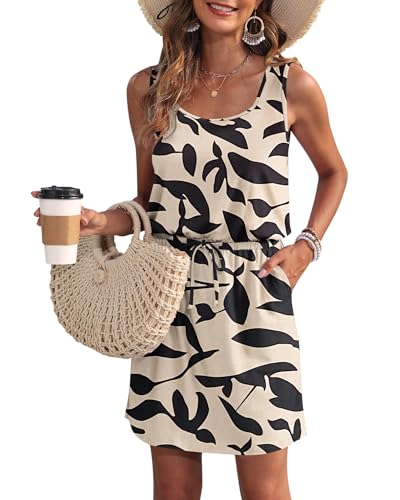 WNEEDU Sommerkleid Damen Ärmellose Strandkleid U Ausschnitt Kordelzugkleid Luftiges Kleid Sommer mit Taschen Aprikosen Schwarz Blatt M