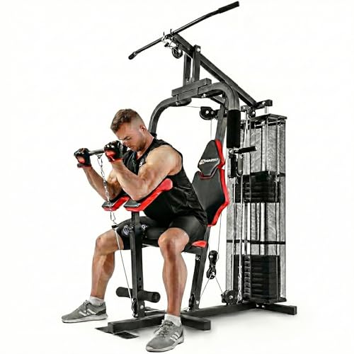 Hop-Sport Kraftstation für Zuhause | Fitnessstation mit 66 kg Gewichtsblock | 12 Stufen | Butterflymodul | Latzugstange & Seilzug Oben/unten | Curlpult | Beinstrecker | max 120kg Nutzer