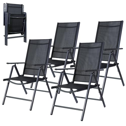 CCLIFE Gartenstühle Alu 4er Set,Gartenstuhl Hochlehner Klappbar, Balkonstühle 7-Fach Verstellbar bis 150kg Dunkelgrau, Modell: Breeze,CushHom