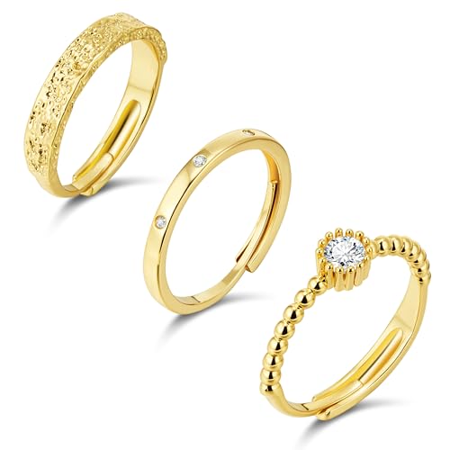 ALEXCRAFT 3 Stück Gold Ringe Damen, verstellbare Ringe, Vintage Stapelbarer Offen Ring mit Zirkonia, Brillant, 14K vergoldet, Paarringe, Set Mädchen Mutter Frauen Geschenk