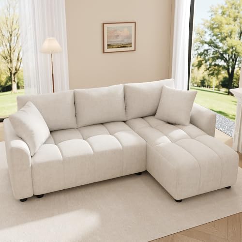 BTM 3 Sitzer Sofa Wandelbares L Form Ecksofa mit 2 Kissen Chenille Chaiselongue L Couch für Wohnzimmer Beige