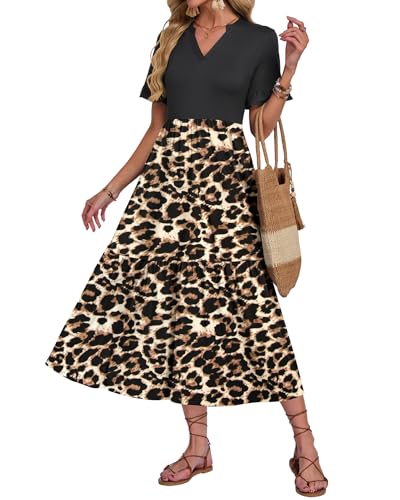 AUSELILY Kleid Damen Sommer Lang Strandkleid Damen Maxikleider Kurzarm V Ausschnitt Sommerkleid Damen Lang Leicht und Luftig mit Taschen Elastischer Taille BN BK Leopard/Schwarz L