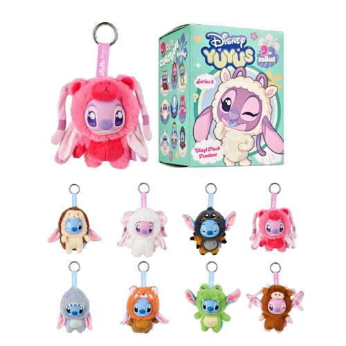 Disney YuYus Stitch & Angel Wave 2 – Plüsch-Vinyl-Charms im Blindbox-Format, Bag-Charm-Trend, 9 tierische Designs wie Igel oder Schaf, Karabiner, Überraschungsfigur, ca. 12 cm, für Kinder & Fans