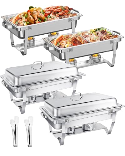 WENMILY Chafing Dish Buffet Set 9L[Robust und hochwertig],4pcs Edelstahl Warmhaltebehälter[Rollrand-Design],Speisenwärmer für Catering Buffet und Party (Quadrat Silber - 4 Sets 1/2+1/1 GNContainers)