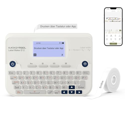 SUPVAN E12 Etikettendrucker, mit QWERTZ Tastatur und Beleuchtetem Grafikdisplay, 1 Rollen Wasserfester Selbstklebend Etiketten für Heim, Büro & Schule, Weiß