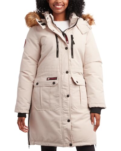 CANADA WEATHER GEAR Damen Wintermantel - Damen Parka und Lange Winterjacken für Frauen mit Abnehmbarer Kunstfellkapuze (S-3X), Sand, Small