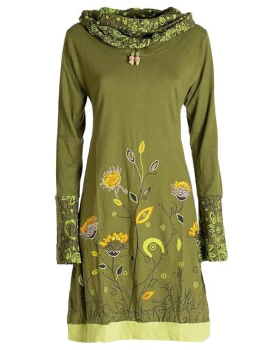 Vishes - Alternative Bekleidung - Damen Blumen-Kleid Langarm-Shirtkleid Schal-Kragen Baumwollkleid Olive 38