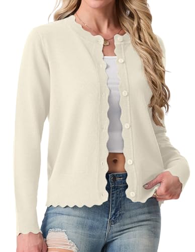 GRECERELLE Strickjacke Damen Kurz mit Rundhals und Knöpfen Leichte Langarm Cardigan Casual Wellenförmiger Rippensaum Strickjacken für Damen (Haferflocken, L)