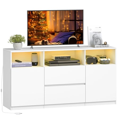 Hzuaneri TV-Schrank mit RGB LED-Beleuchtung(25 Farben), Fernsehschrank für Fernseher bis 65 Zoll, Sideboard mit 2 Schubladen 3 offenen Fächern, für Wohnzimmer Schlafzimmer, Weiß TV17003XEU