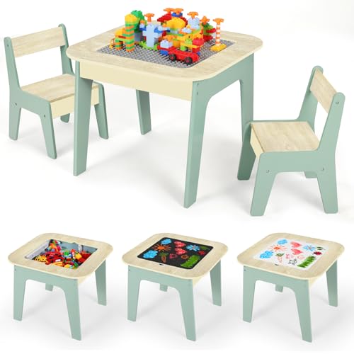 MAMIZO Kindertisch mit 2PCS Stühlen,Kindersitzgruppe,Kindertisch, Kindermöbel für Kinderzimmer, Stauraum,Kinder Tisch Stuhl Set, Maltisch& Bauplatte, Kindersitzgarnitur,Sitzgruppe, Grün