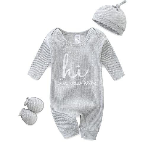 KIDDLETOWN Unisex Neugeborenen-Einteiler, gerippter Strampler, Baby-Strampler, Overall mit Hut und Handschuhen, langärmeliger Strampler für 0–3 Monate, 3-teiliges Outfit-Kleidungs-Set, Mädchen