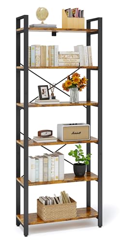 IRONCK 2M Bücherregal, Standregal mit 6 Ebenen, Regal Holz mit Metallrahmen, Büroregal Industriel, offene Ablagen, Bookshelf für Büro, Wohnzimmer, Schlafzimmer, Küche (Vintagebraun Schwarz)
