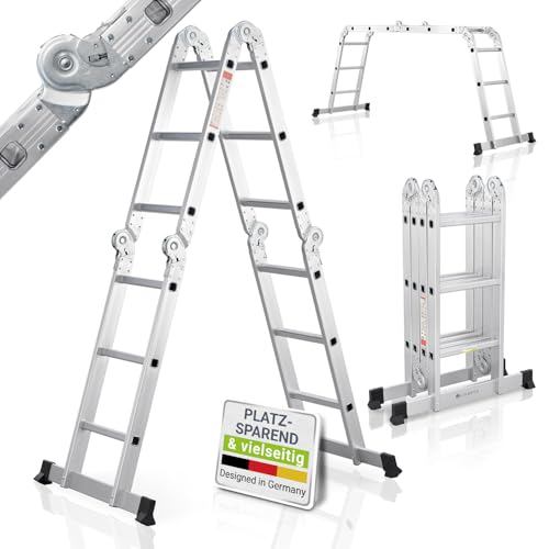 Juskys Aluminium Multifunktionsleiter 3x4 Stufen - 3,6 m Länge klappbar - Leiter 4-teilig bis 150 kg - Gelenkleiter Klappleiter Stehleiter Aluleiter
