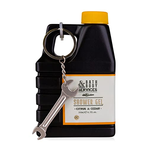 Accentra Duschgel BATH & BODY SERVICES in Ölkanister-Form, 200ml, inkl. Schlüsselanhänger in Schraubenschlüssel-Form, Citrus & Cedar Duft - nachfüllbar