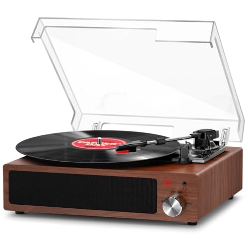 Plattenspieler, FYDEE Vinyl-Plattenspieler mit Eingebauten Stereo-Lautsprechern, 3 Geschwindigkeiten 33/45/78 RPM, Bluetooth-Schallplattenspieler, mit RCA-Ausgang und AUX-Eingang, Walnuss