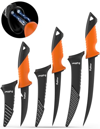 pullther Angelmesser Set 3-teilig, 13cm Ködermesser & 18/23cm Filetiermesser mit magnetischen Schutzhüllen, Edelstahl korrosionsbeständig – Angelausrüstung Geschenk